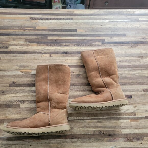 UGG Classic Tall 5815 Suede & Shearling Lined Boots in Chestnut Brown Color - Picture 4 of 12